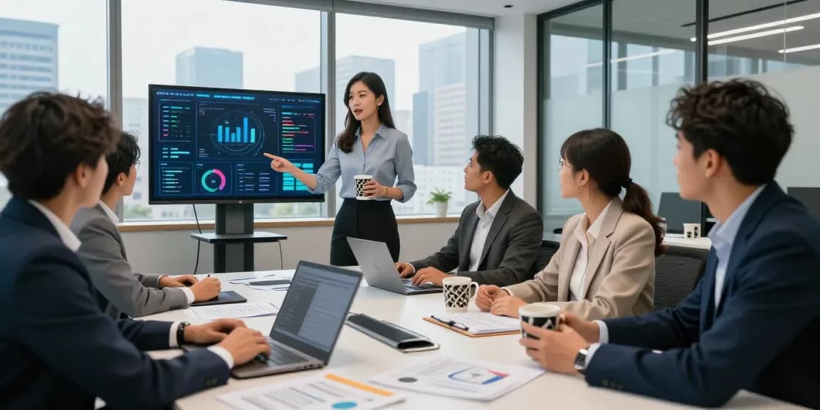 Diverse team collaborating on innovative AI for business solutions in a modern office setting, showcasing data analytics and teamwork.