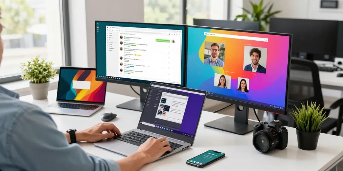 Person using WhatsApp網頁版 on dual monitors in a modern office with vibrant tech setup.