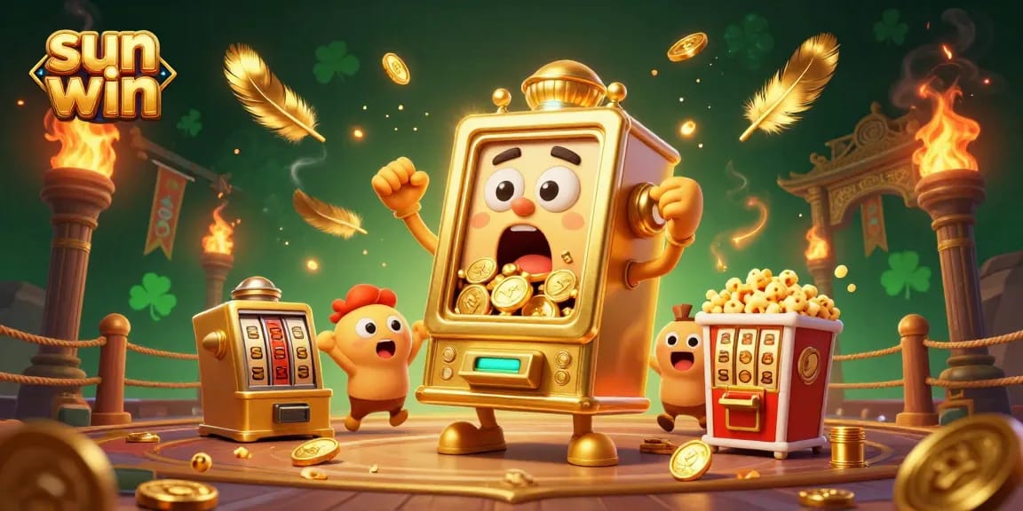 Experience the excitement of sun win as the golden slot machine hits a jackpot surrounded by cheering allies.