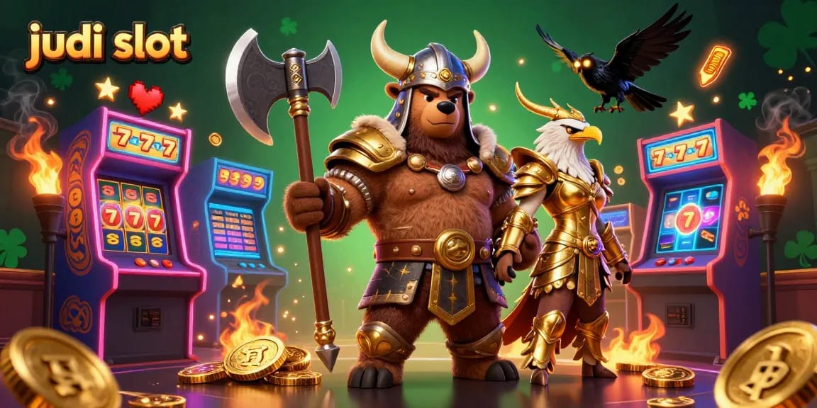 Engage in judi slot adventures with a Viking berserker and Valkyrie eagle amid vibrant gaming elements.
