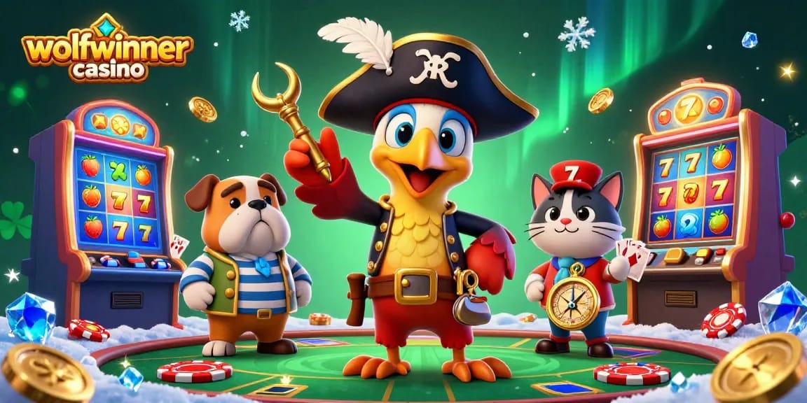 Experience the excitement of wolfwinner casino with a colorful 3D illustration featuring engaging characters and games.