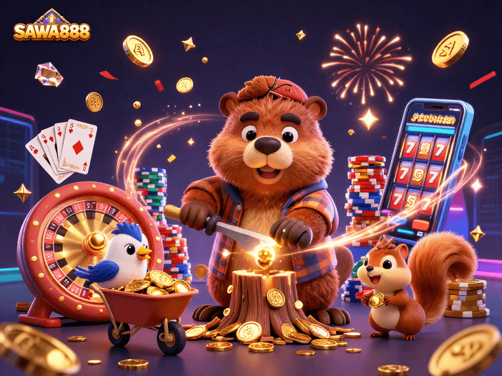 Experience winning moments at SAWA888 with a playful lumberjack beaver and friends celebrating in a lively casino atmosphere.