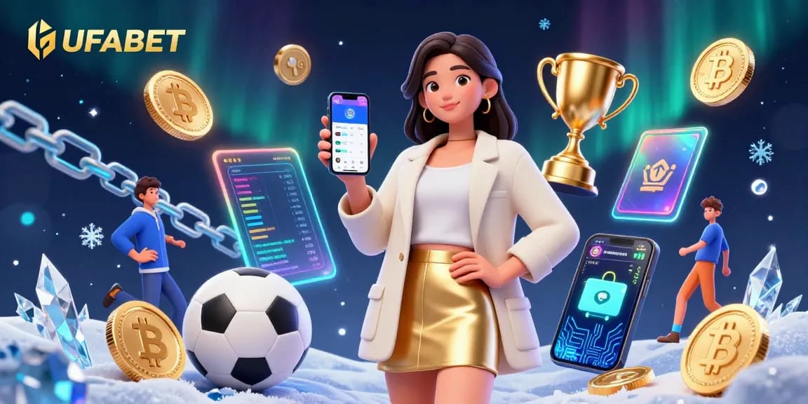 Bet on UFABET with a stunning sports betting illustration featuring an Asian woman showcasing a betting app.