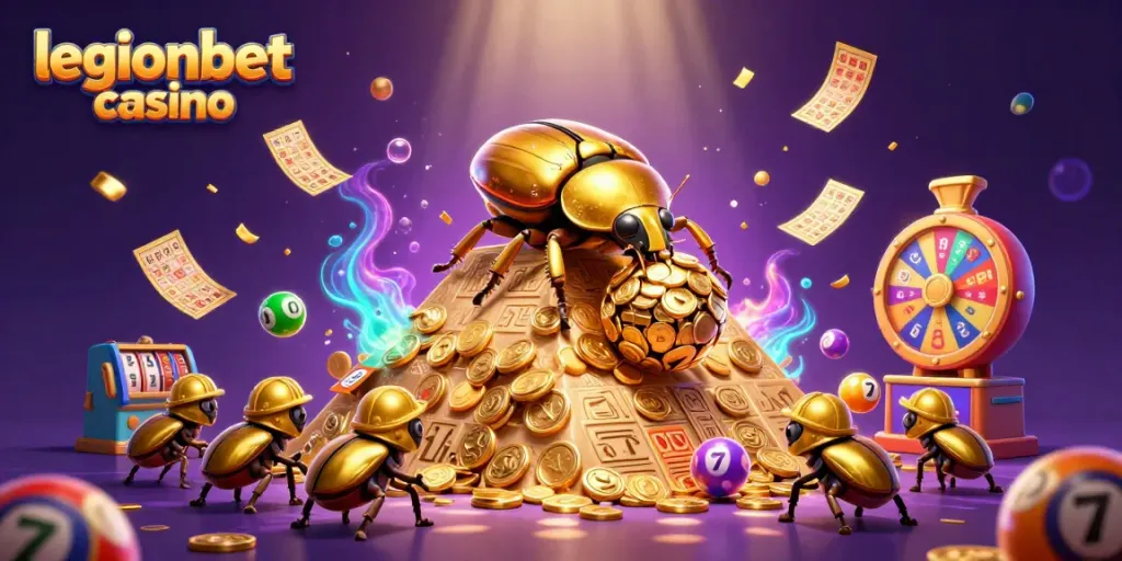 Engage with exciting gaming visuals featuring legionbet casino's playful golden dung beetles and vibrant game elements.