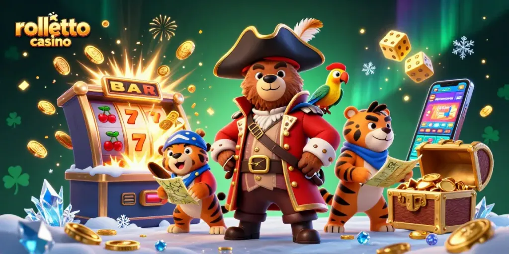 Spin to win at rolletto casino with vibrant 3D characters celebrating a jackpot!