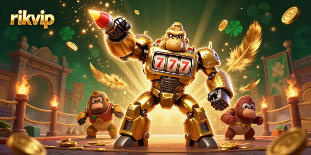 Engage in thrilling action at rikvip with a golden gorilla mech surrounded by dynamic casino elements.