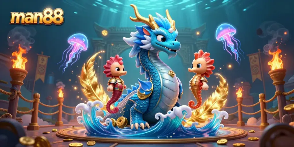 Experience thrilling gaming with man88 featuring a majestic water dragon and neon jellyfish in action.