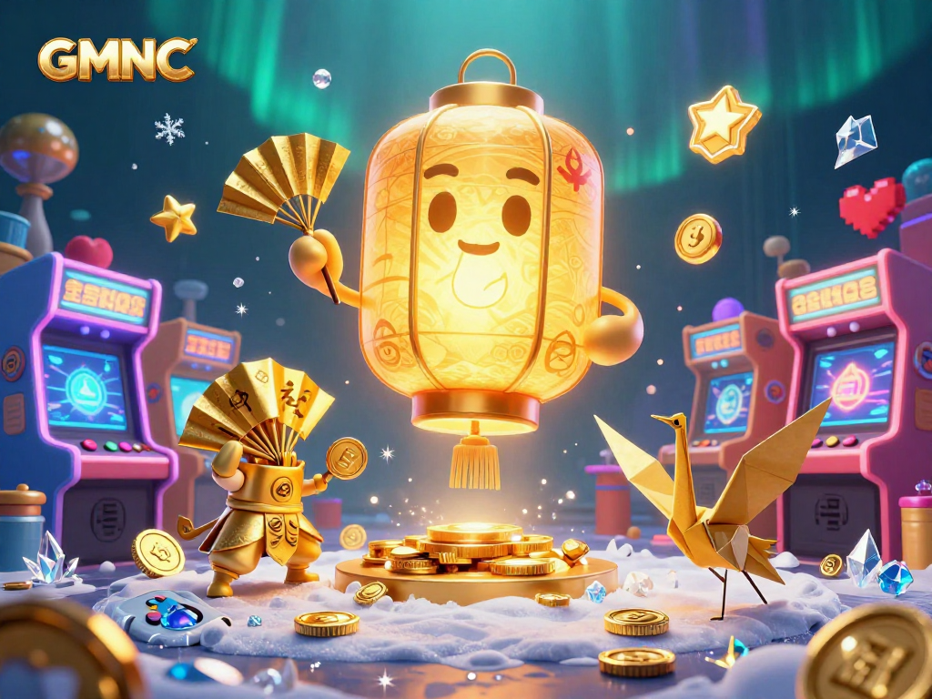Experience gaming excitement with GMNC, featuring a lively casino scene with golden lanterns and colorful machines.