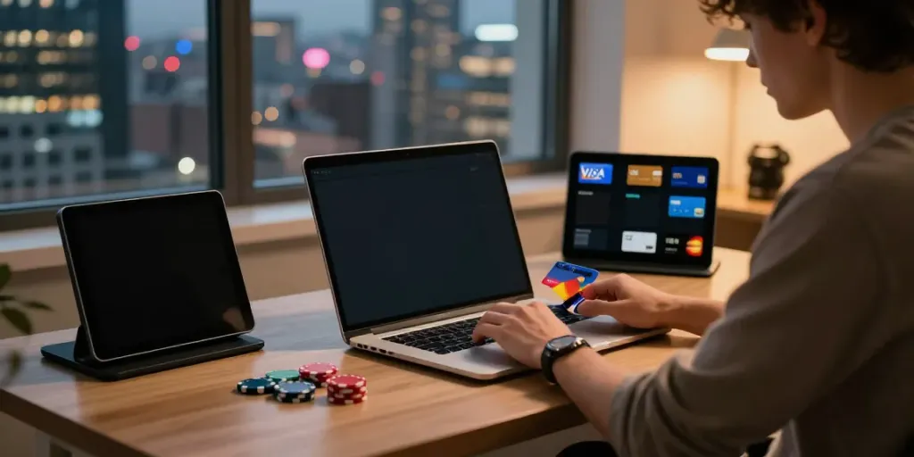 Engaged player at modern online credit card casinos in a stylish home office.
