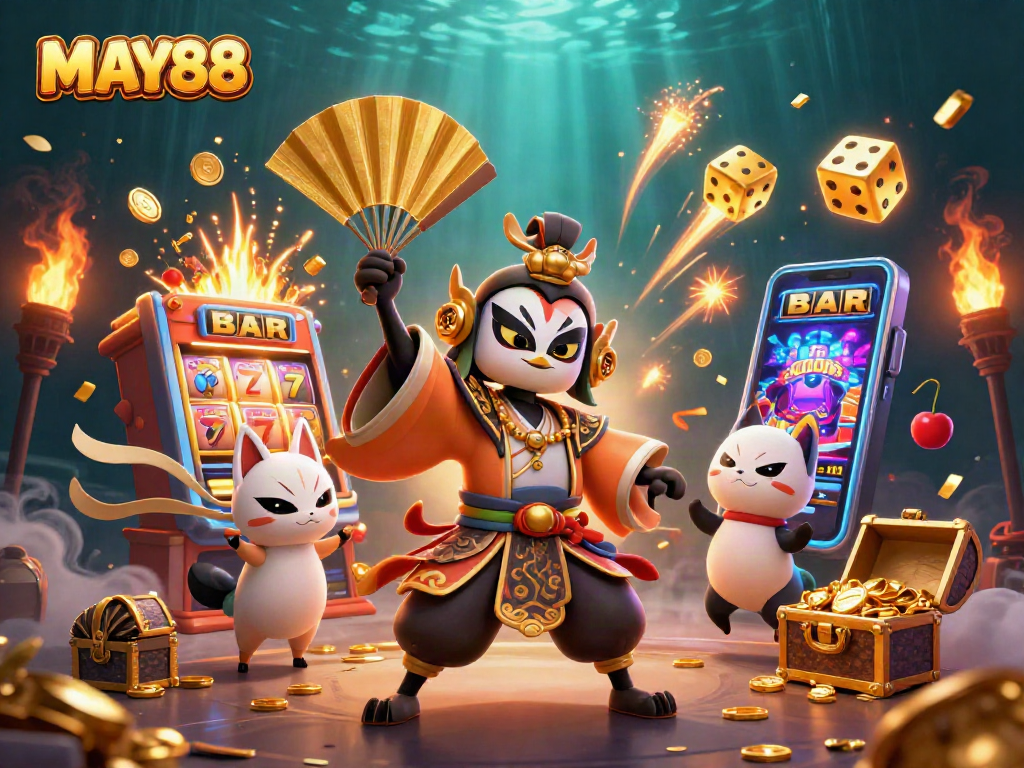 MAY88 brings excitement as kabuki warrior and kitsune mask create a vibrant casino scene.