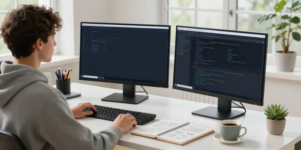 Web developer using instant indexing tools at a modern workspace.
