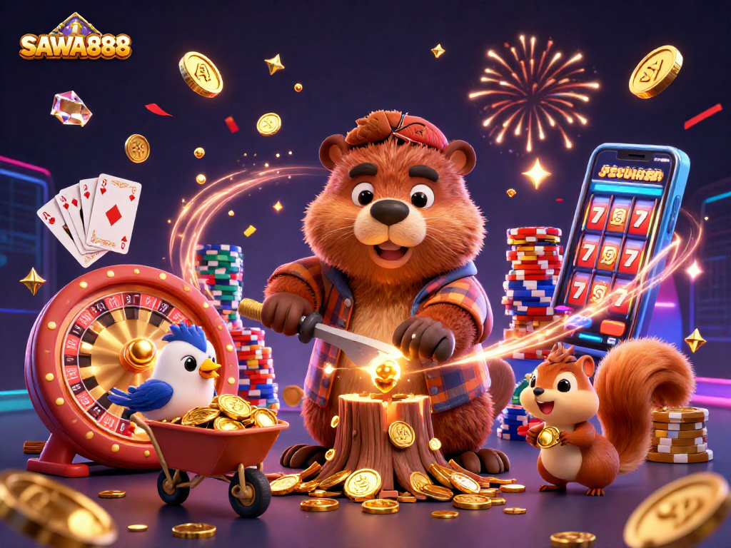 Experience winning moments at SAWA888 with a playful lumberjack beaver and friends celebrating in a lively casino atmosphere.