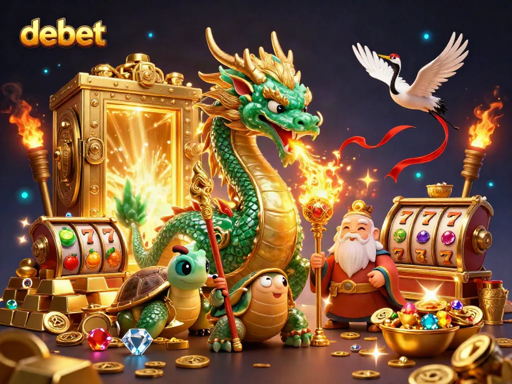Engage with debet's thrilling 3D casino scene featuring a jade dragon, treasure, and vibrant slot elements.