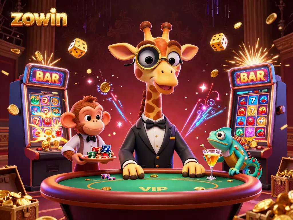 Zowin’s vibrant casino scene with a high-roller giraffe, colorful slot machines and dynamic game elements.