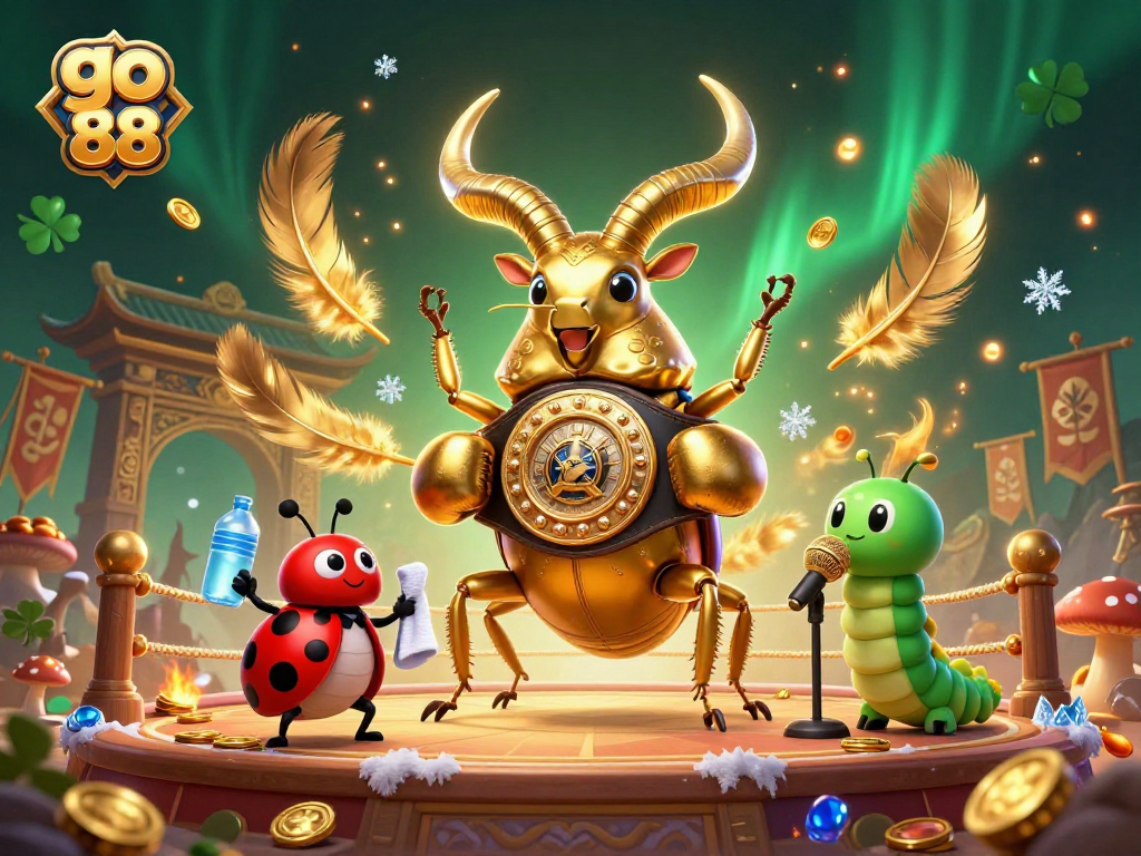 Experience the excitement of go 88 in this vibrant 3D illustration featuring a giant golden stag beetle ready to battle.
