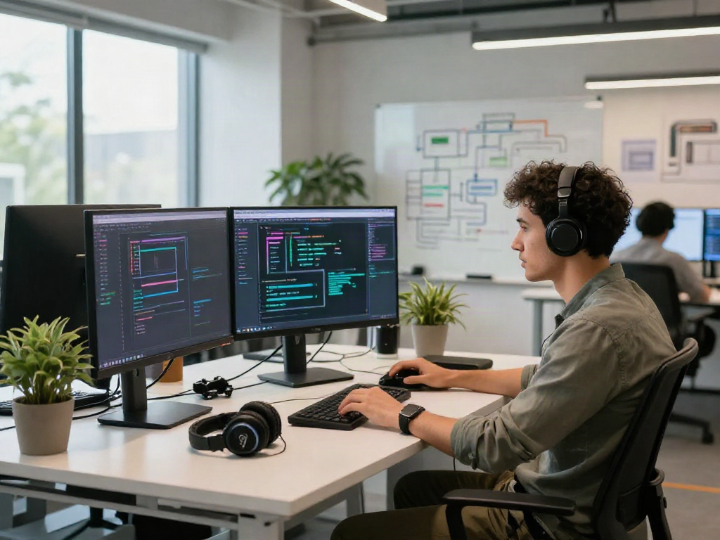 Creative workspace with a developer using spicy ai tools on multiple monitors in a bright tech office.