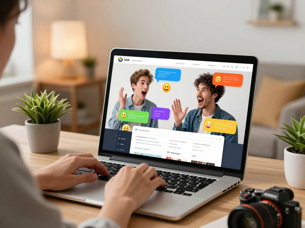 Engaging sexchat interaction on a stylish laptop in a cozy home office setting.