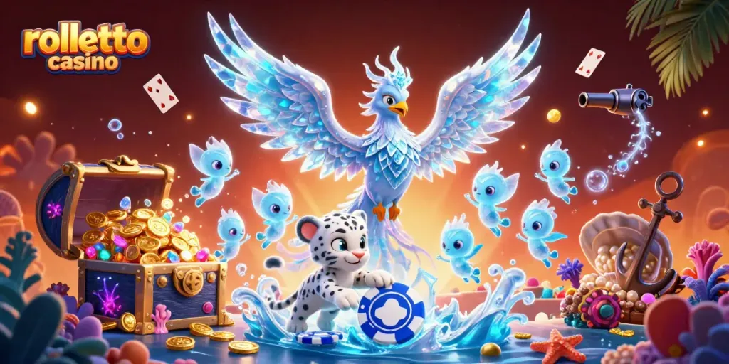 Experience the excitement of rolletto casino with a vibrant scene featuring a fantasy ice phoenix, playing cards, and treasures.