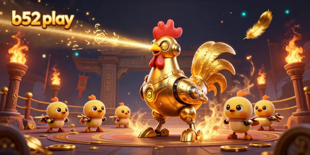 Engage in exciting gaming moments with b52 play featuring a stunning golden rooster robot and vibrant casino elements.
