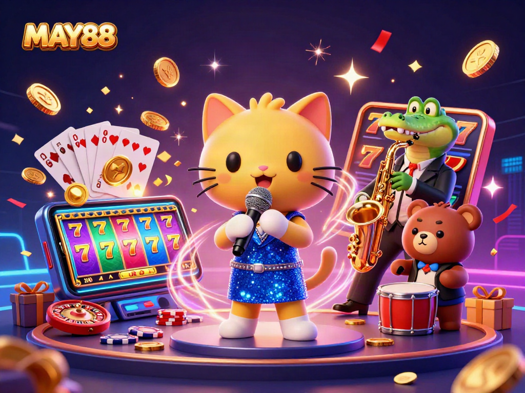 MAY88 showcases an energetic casino scene featuring a singing cat, a saxophone crocodile, and a drumming bear, surrounded by vibrant slot game elements.