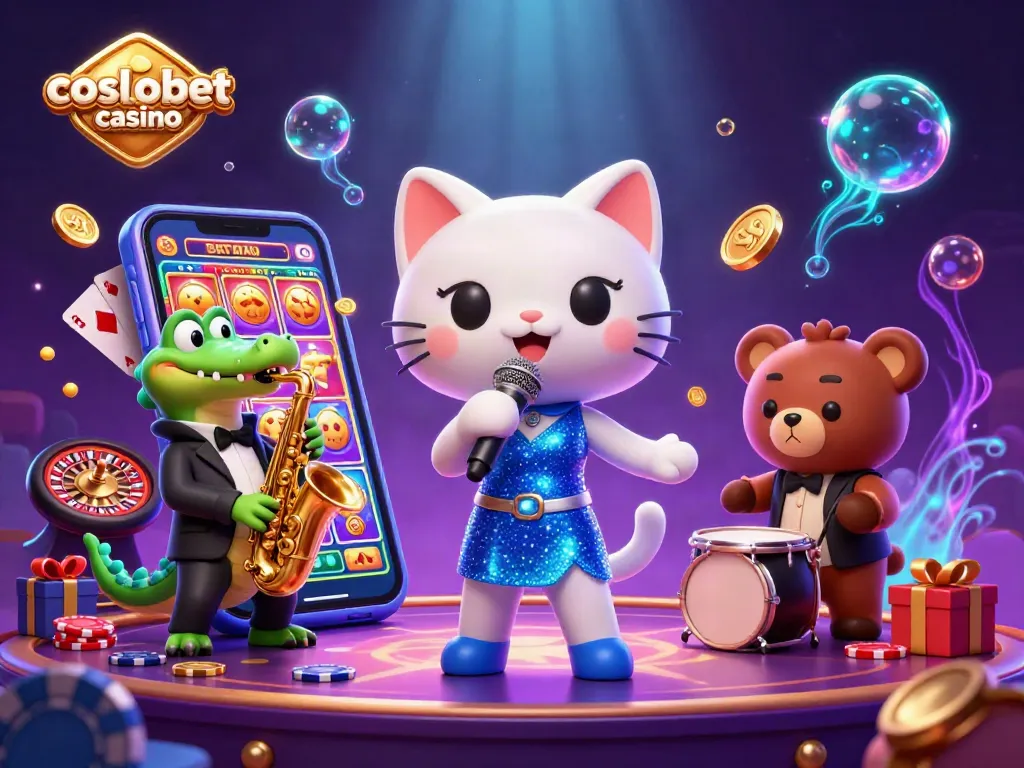 Experience the excitement of cosmobet casino with a lively cartoon scene featuring casino characters and vibrant game elements.